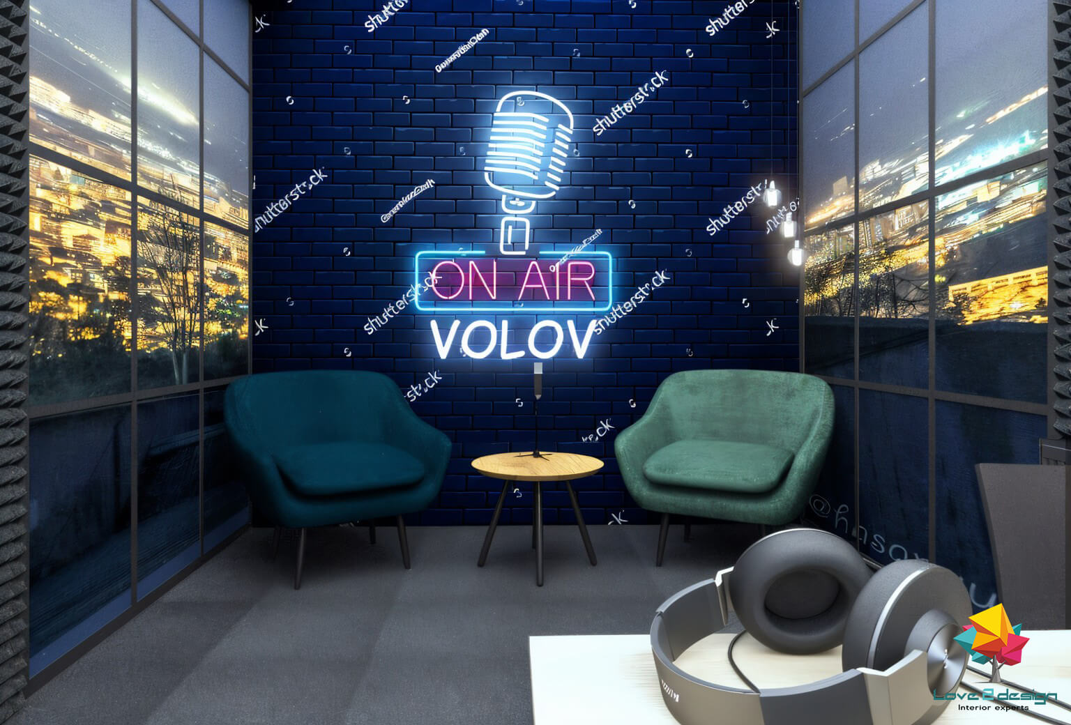 Подкаст студио с неонов надпис "On Air Volov", меки фотьойли и акустични панели